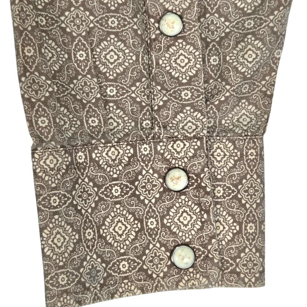 Vtg Larry Mahan‎ Western Pearl Snap Shirt Men XL Brown Geometric Print Cowboy